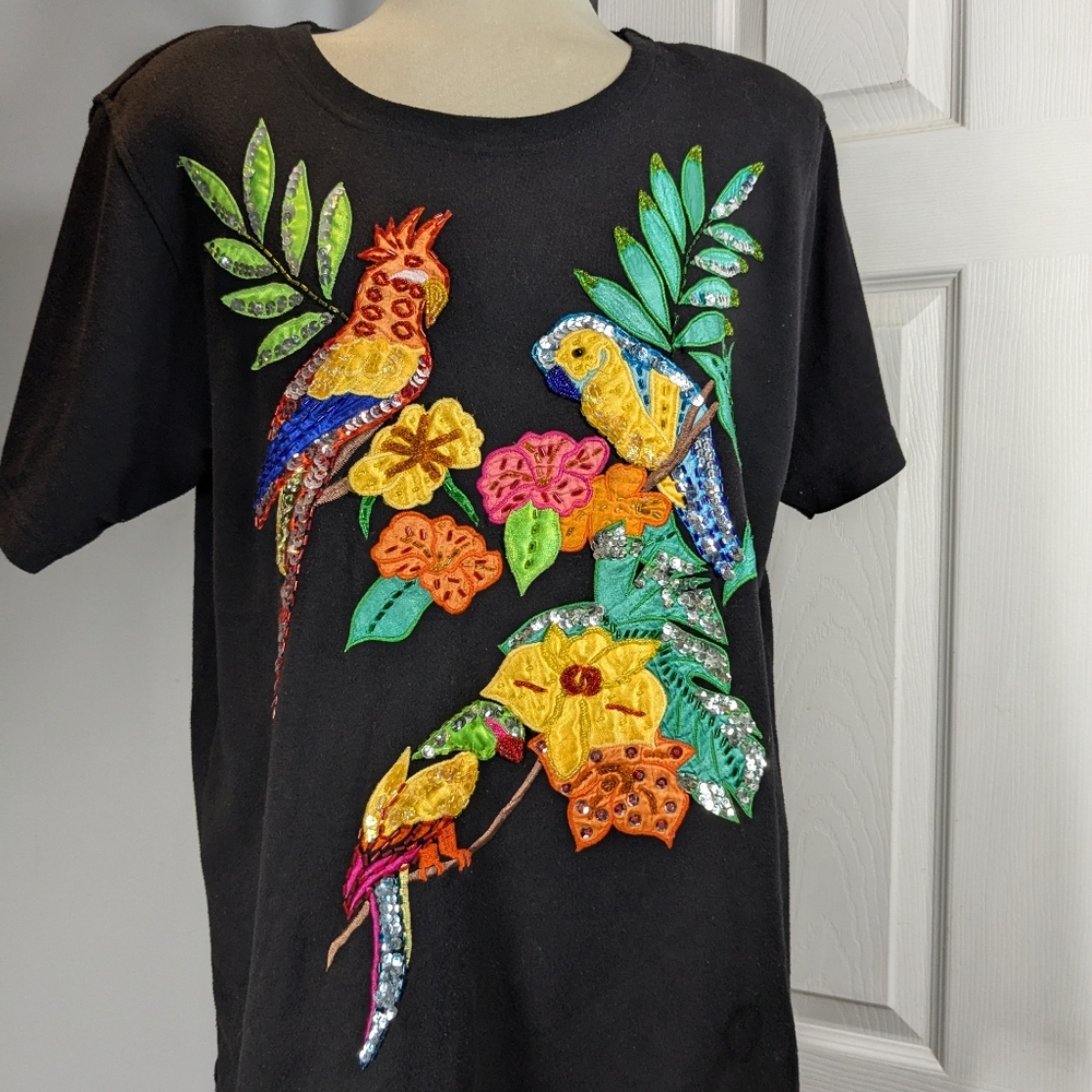 Coral Bay Luxury Embroidered Black Top Short Sleeve Size L